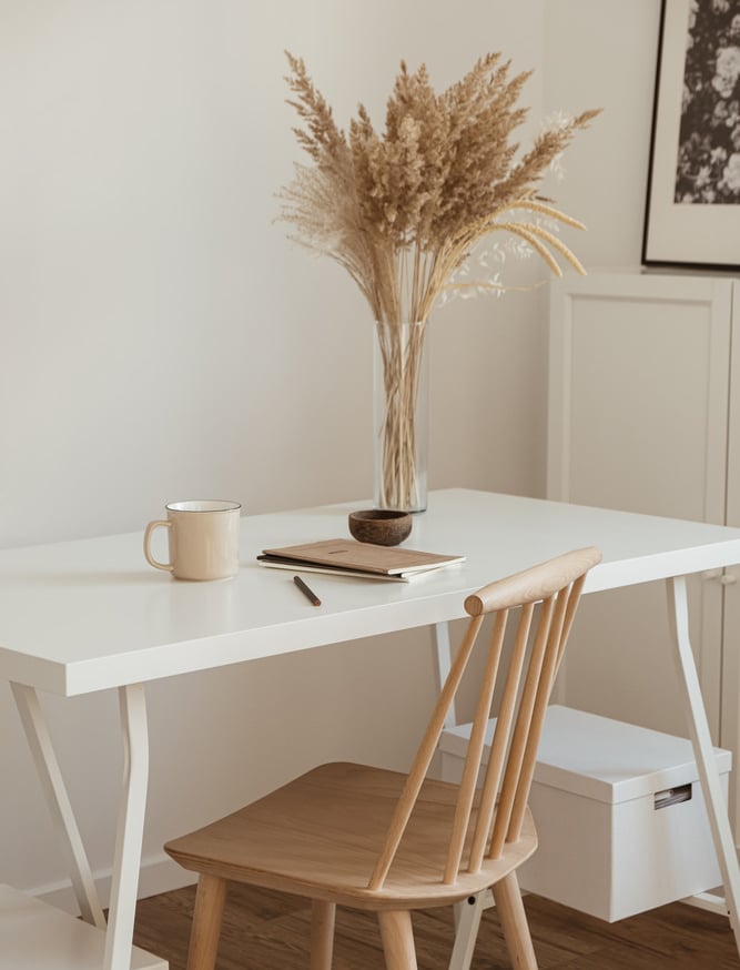 Photo of work desk, with vase of pampas grass and mug, notebooks and chair in neutral tones