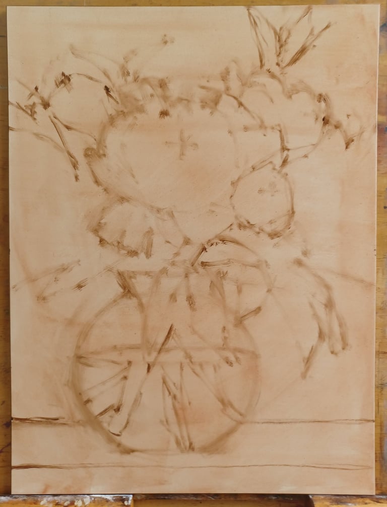 A sepia-toned oil paint sketch of a floral bouquet in a round vase on a canvas.