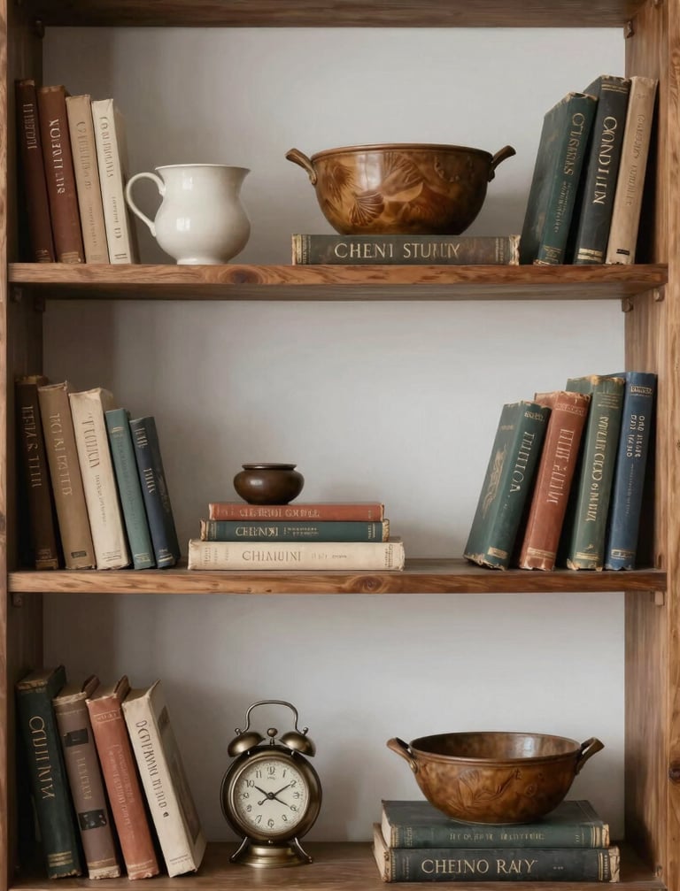 Straight-on eye-level vignette of a minimalist oak shelving unit styled with textured ceramic vases and books, soft diffused natural window light, muted earthy tones, shallow depth of field, 35mm