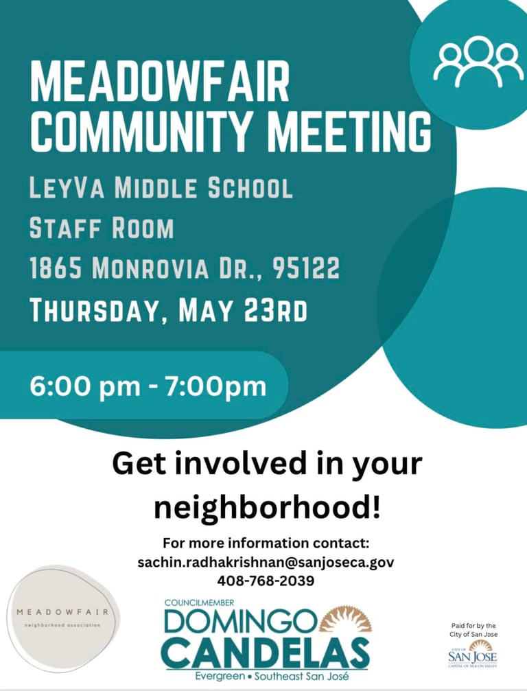 Meadowfair community Meeting flyer for May 23rd 2024
