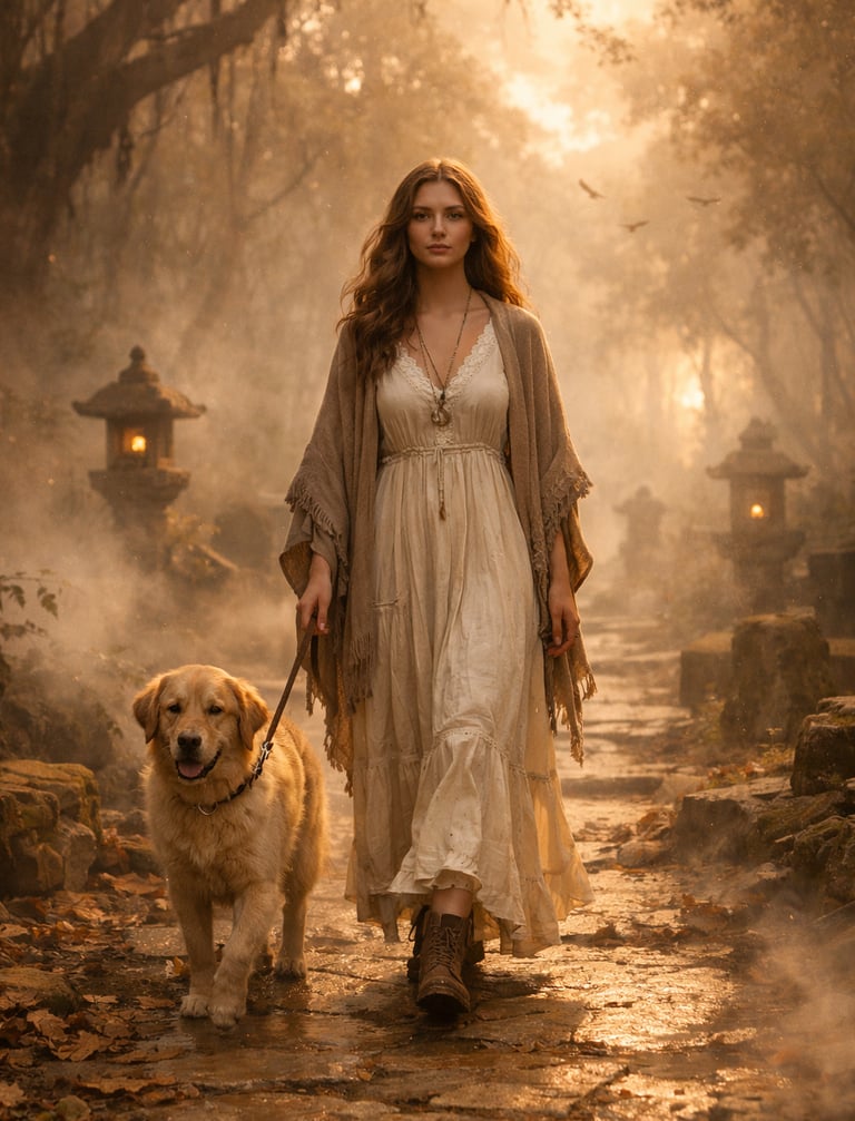 A woman in a bohemian dress walks her Golden Retriever through a misty forest path with stone lanterns.