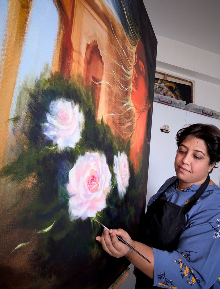 Geeta Arya, Contemporary artist, painter of states and luminous sanctuaries, working on her painting Becoming