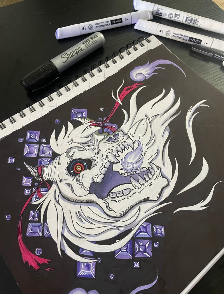 a marker on sketchpad drawing of a demon creature with purple gems and red straps 