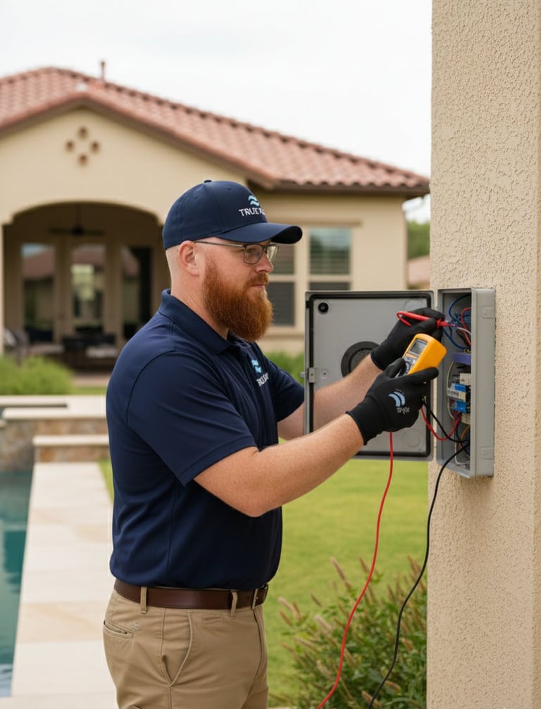 Pool repair technician performing electrical diagnostics on a pool light system to identify wiring and safety issues