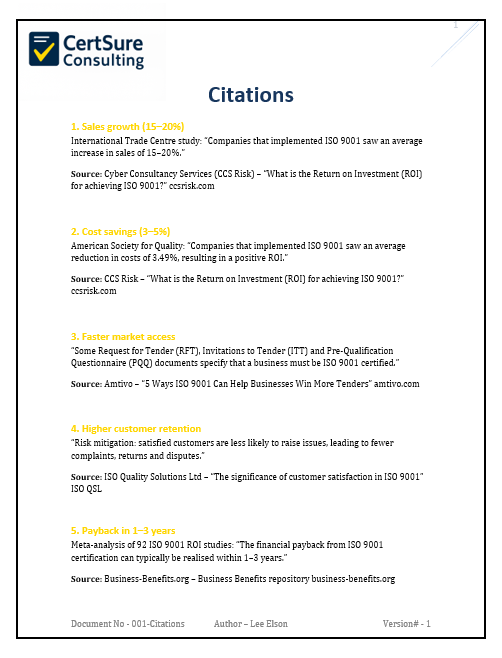 Preview of citations document listing ISO 9001 cost-benefit sources