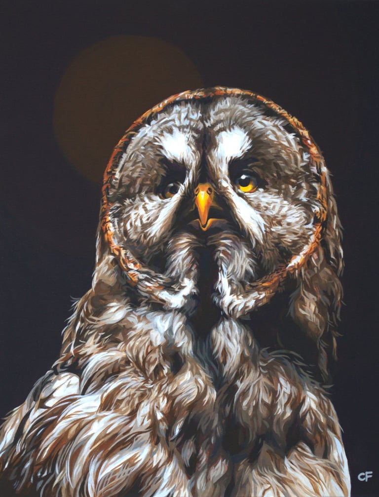 a painting of a great grey owl with dramatic lighting