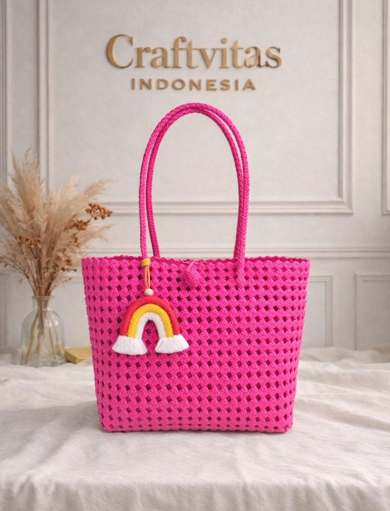 Tas anyaman plastik model sekar warna pink handmade dari Craftvitas Indonesia