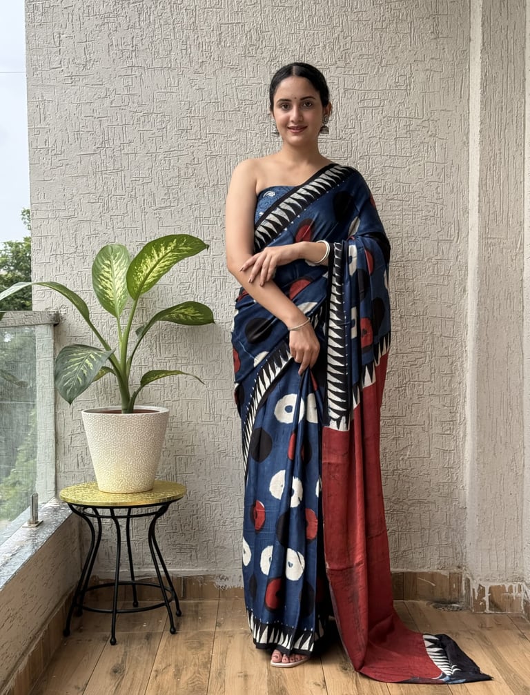 Traditional Ajrakh printed soft cotton mulmul saree