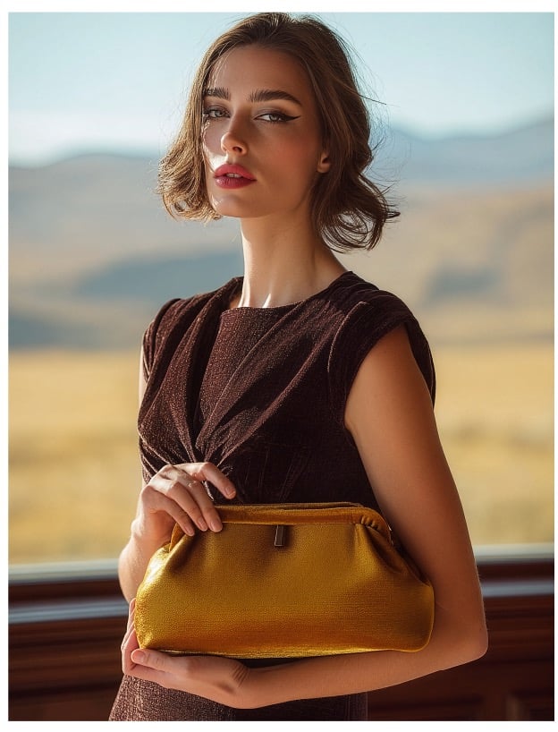 Elegant woman in a shimmer dress holding a luxury gold velvet clutch bag against a desert landscape.
