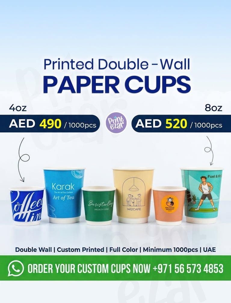 Printed Double Wall Paper Cups - Available in 4oz, 6.5oz, 8oz size - Best for Cafes & Restaurants.