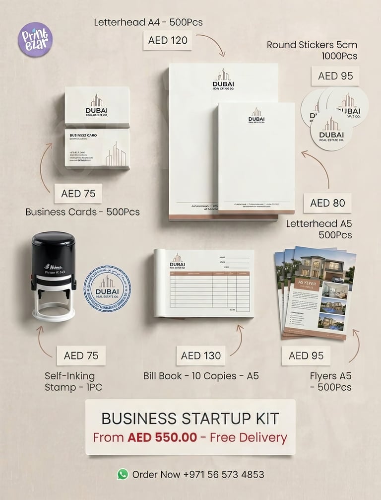 Business Starter Kit Printing UAE - AED 550.00 - Free Delivery - Business Cards, Flyers, Stickers