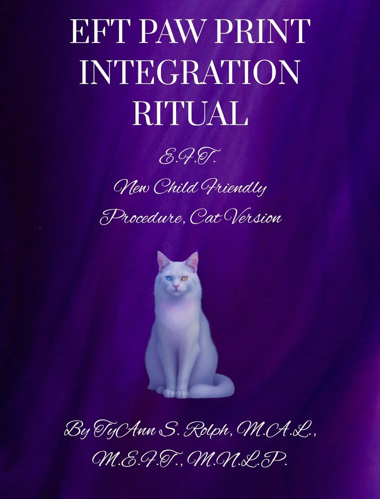 EFT Paw Print Integration Ritual cover featuring a white cat with heterochromia on a purple background.
