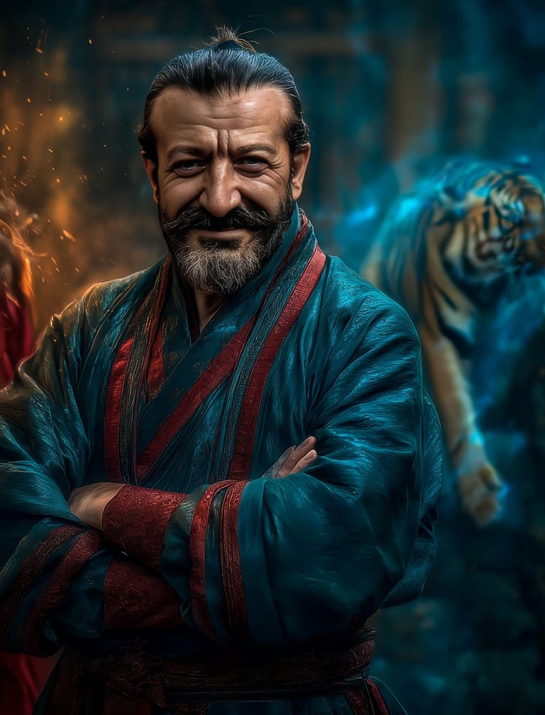 WDP İstanbul Taiji ve Kılıç (Jian) eğitmeni Mehmet Başkak. Sakallı, saçları topuzlu, mavi geleneksel kıyafetli, kolları bağlı