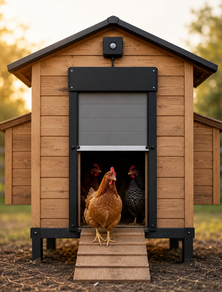 A brown hen exiting a modern wooden chicken coop through an automatic door with a motion sensor.