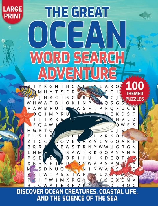 Ocean-themed large-print word search puzzle book featuring sea animals and marine science