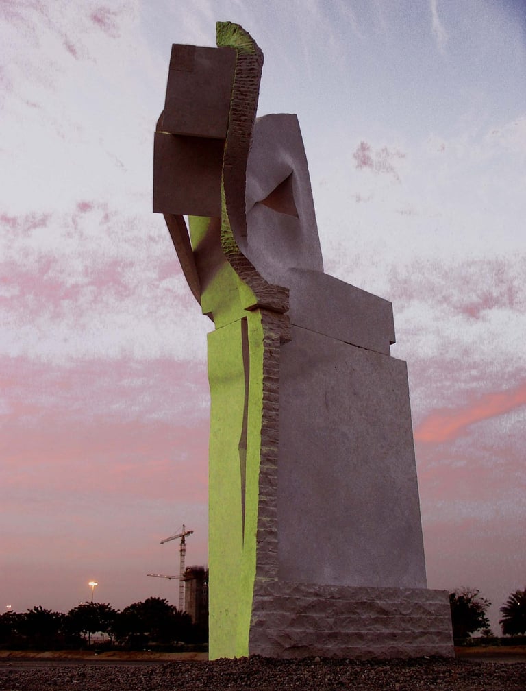Large abstract marble sculpture bathed in shades of gray and neon green by a pink sunset sky.