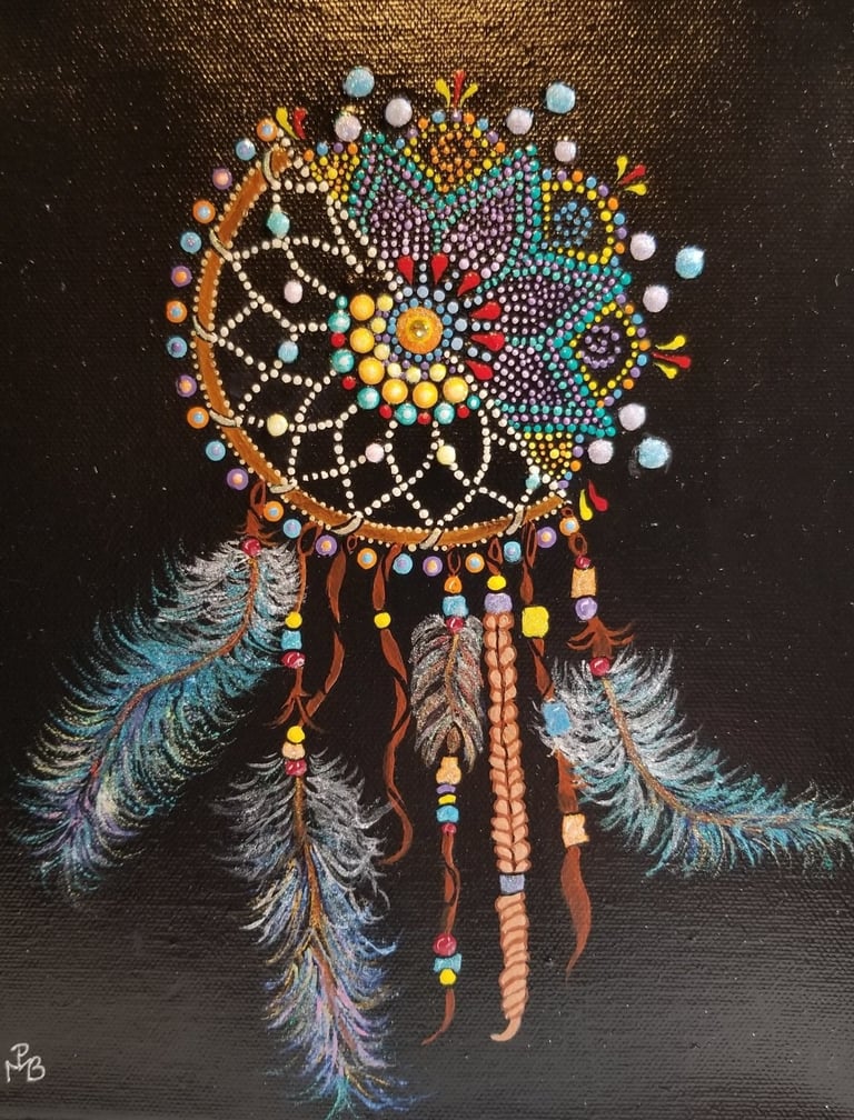 Dream catcher with beads and feathers dotted.