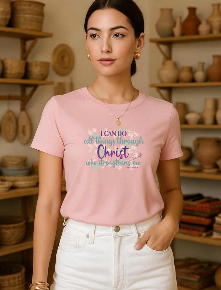 mujer en tienda de artesanias luciendo camiseta estampada personalizada