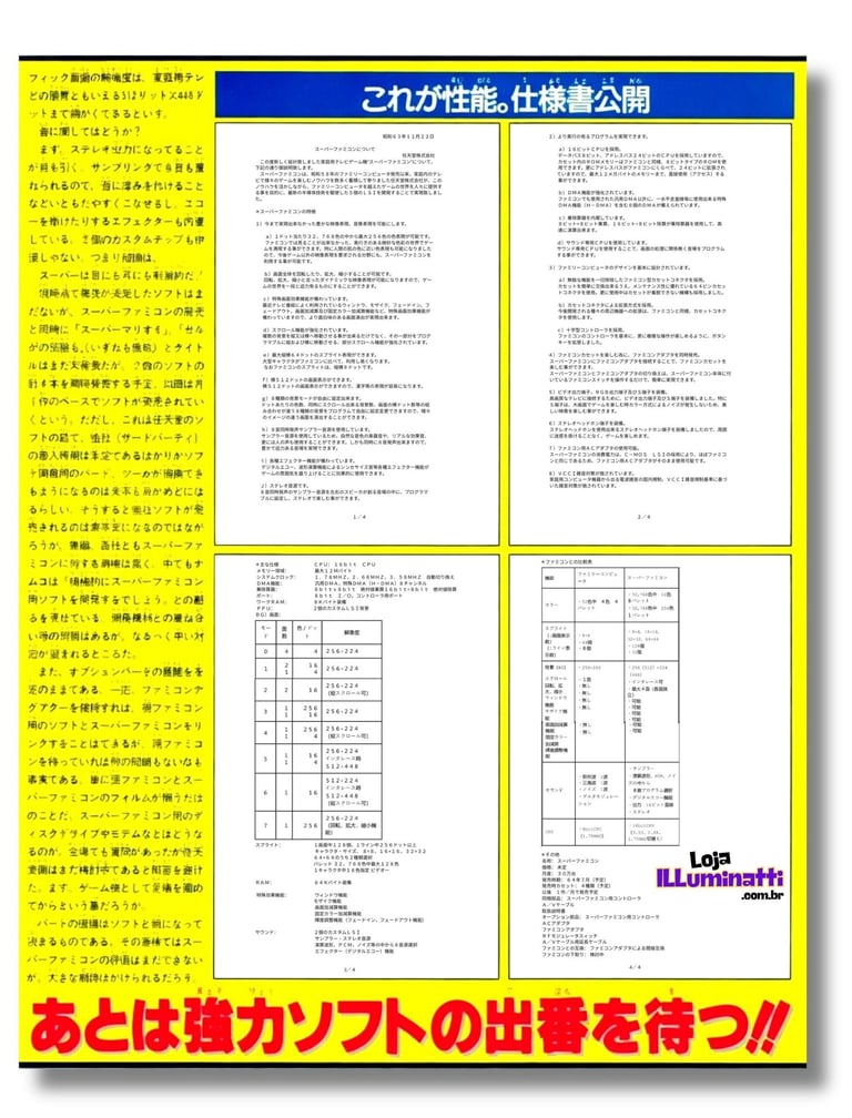 Revista Famicom Hissyoubon Magazine edição de 16/12/1988 com 4 pág especificações console à Imprensa