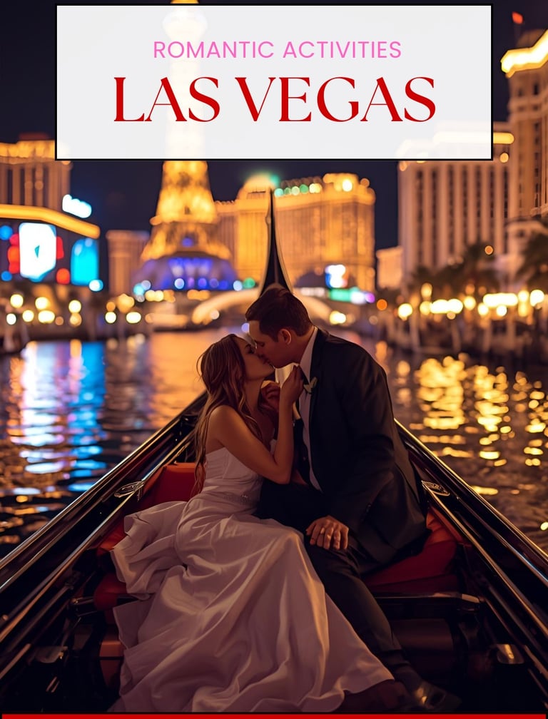 a bride and groom kissing in a boat on the las vegas strip