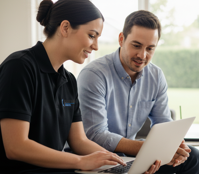 A technician sitting on a couch looking at a laptop with a client.