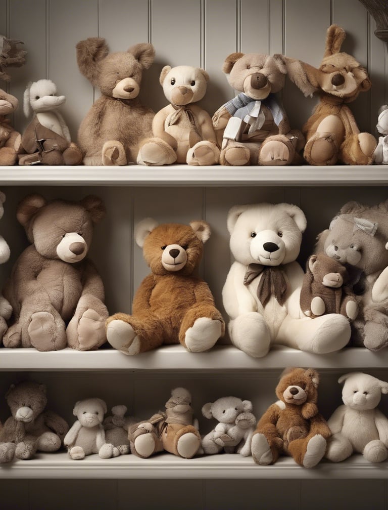 Une étagère remplis d'ours et d'animaux en peluches doudous