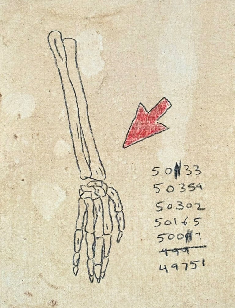 rough sketch of anatomy of the human arm, a computer mouse and codes made with wax pencil