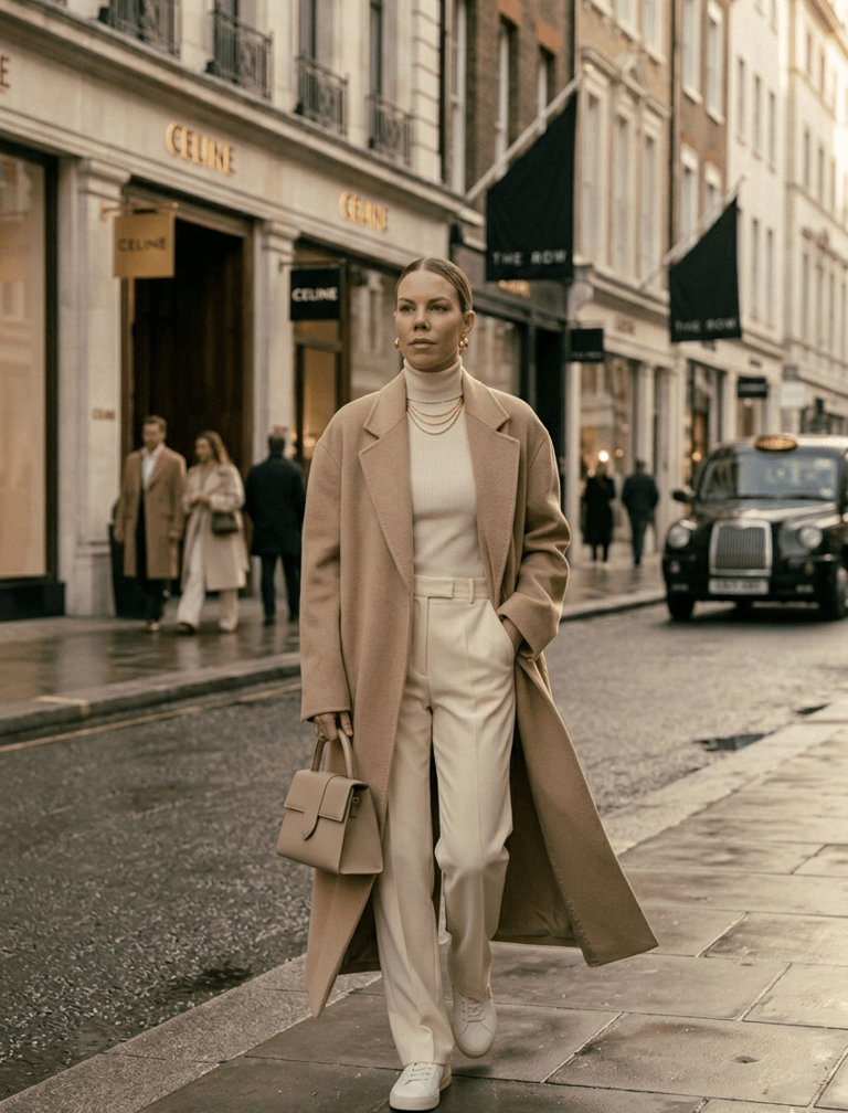 Expensive-looking clean girl outfit with quiet luxury styling and neutral color palette