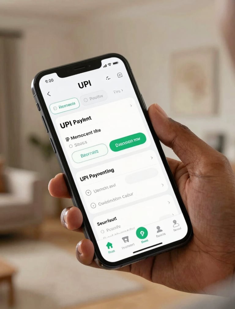 A close-up shot of a smartphone screen displaying an e-commerce shopping cart with UPI payment options, held by a South Asian / Indian customer inside a well-lit home in Hyderabad. The background is a warm, modern living room with soft lighting, reflecting security and digital ease.
