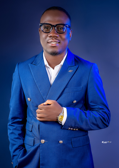 a man in a blue suit and glasses