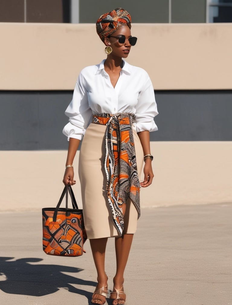 A person wearing a vibrant yellow and brown patterned traditional outfit, including a headwrap and matching dress. They are holding a brown handbag with gold chain details. The background is a solid light blue, and the person is accessorized with gold jewelry, including earrings and a necklace.