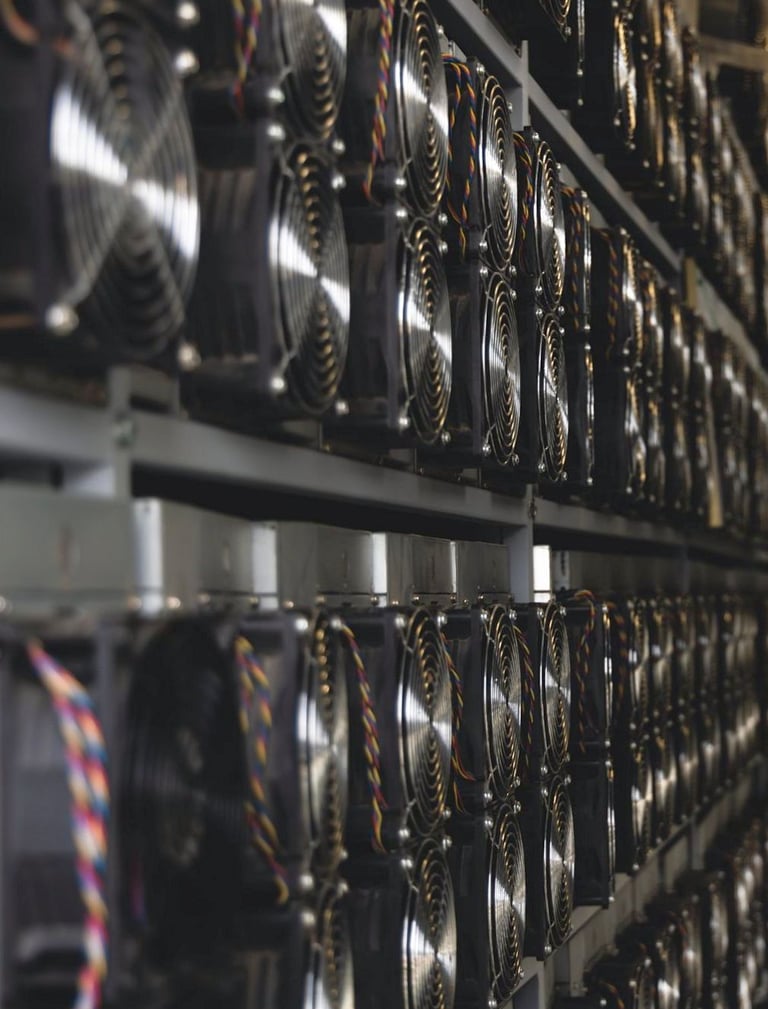 A row of cooling fans on ASIC crypto miners in a professional bitcoin mining farm.
