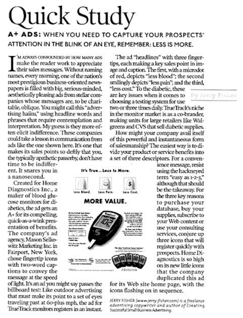Review of ad for blood glucose monitors written by Chuck Ingersoll.