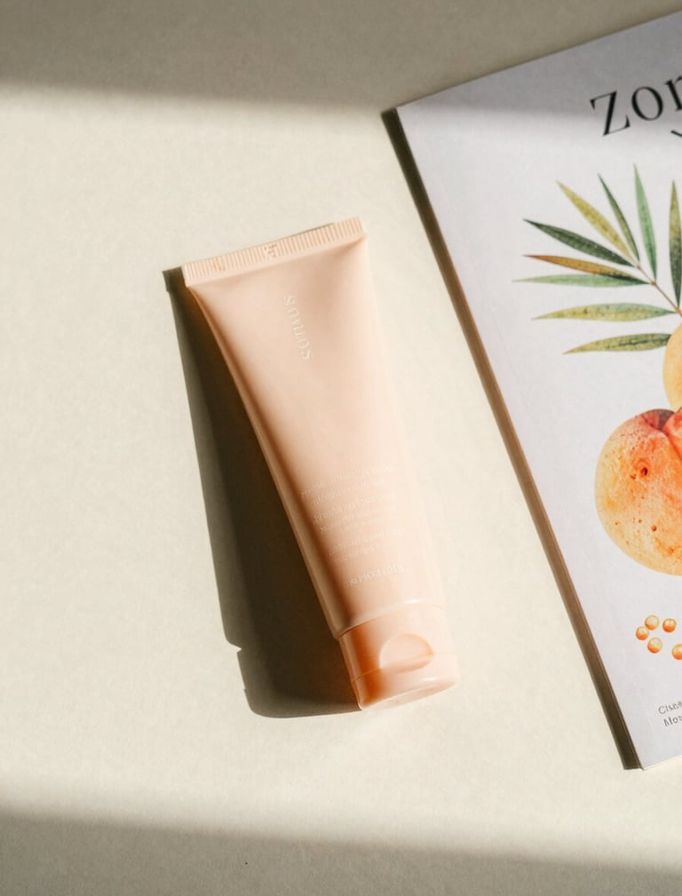 Top-down aesthetic flat-lay of a pastel peach Glow Kit containing a clean sun care tube and a colorful wellness zine on a cream background, soft natural shadows, 35mm film texture.