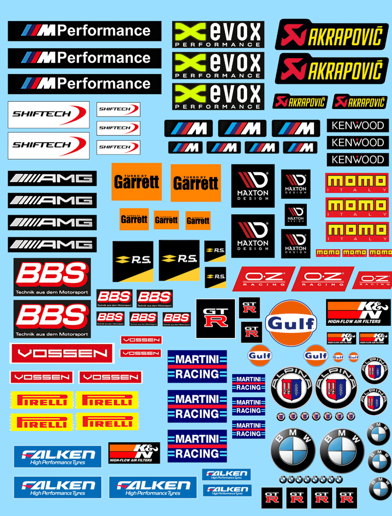 Planche de décalcomanies "BBS-AKRAPOVIC-M PERFORMANCE-AMG-MARTINI RACING-BMW-GULF"