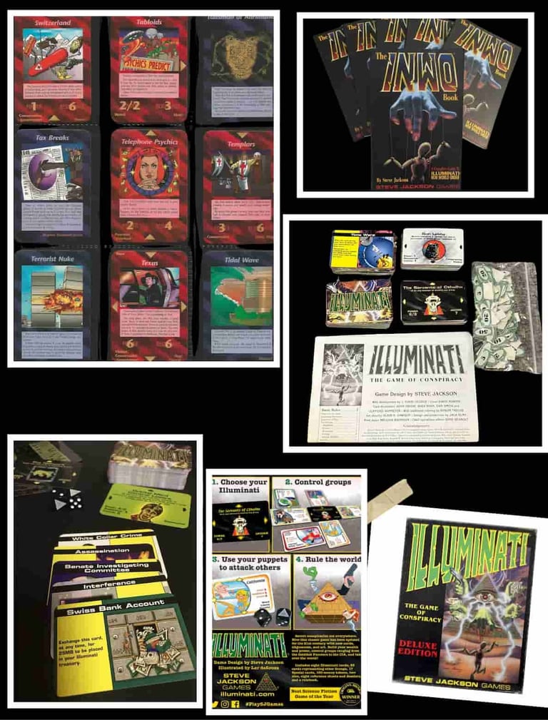 Jogo de cartas illuminati INOW  de 1995 e o manual, a caixa, as cartas de Steve jackson Games