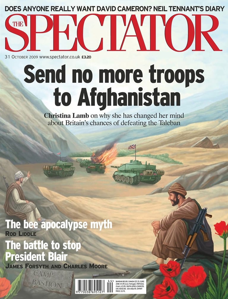 Cover artwork for the Spectator magazine showing Afghan men waving to tanks in the desert.