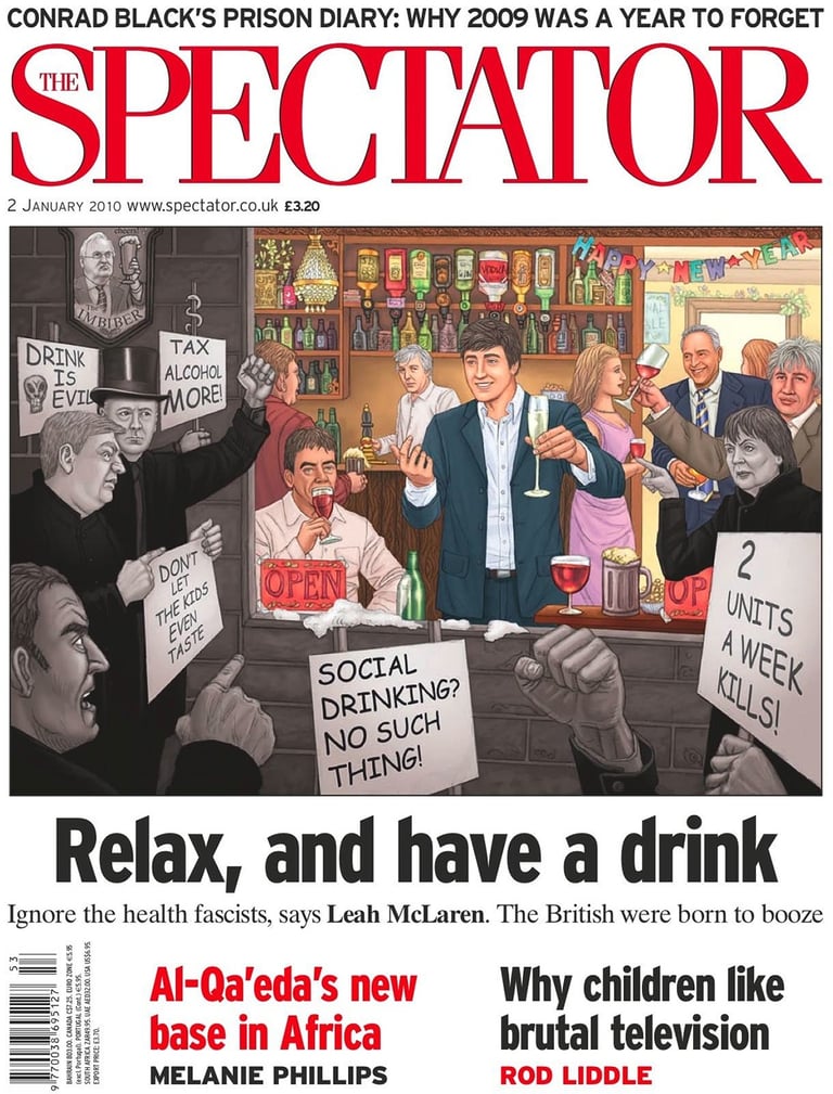 Artwork of several people drinking in a pub for the cover of the Spectator magazine.