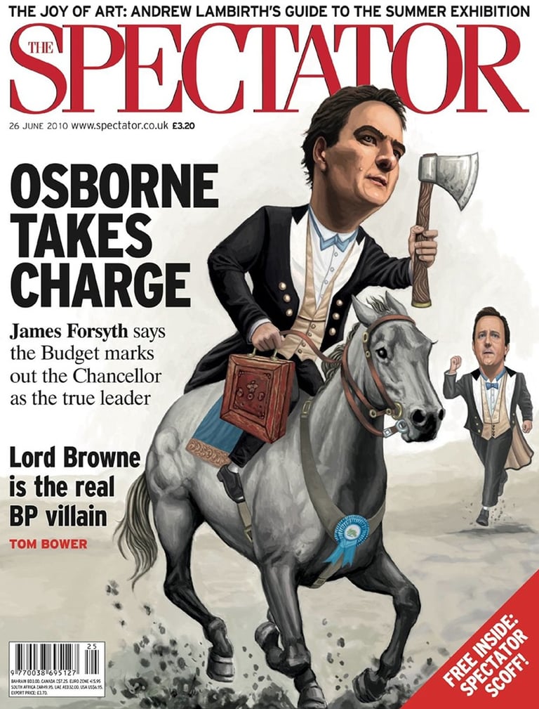 Cover art for the Spectator magazine with George Osborne on a horse, and David Cameron running.