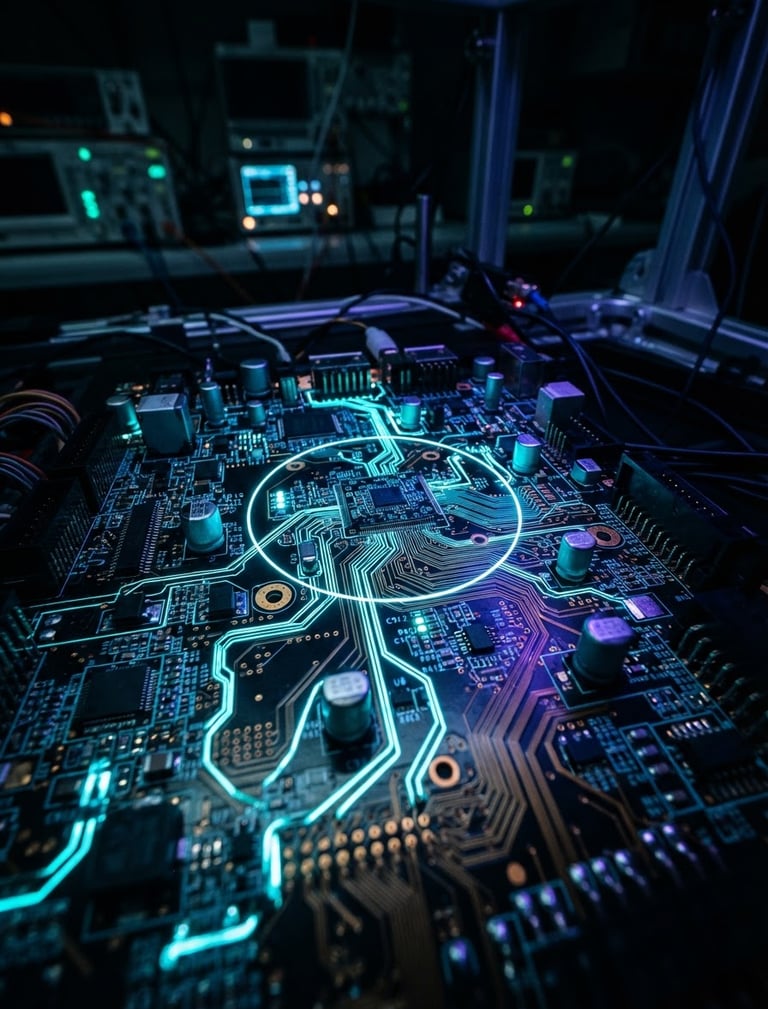 Extreme close-up of a high-precision hardware module, glowing with neon cyan and ultraviolet edge lighting, in a dark laboratory setting, macro lens, highly detailed circuit traces.