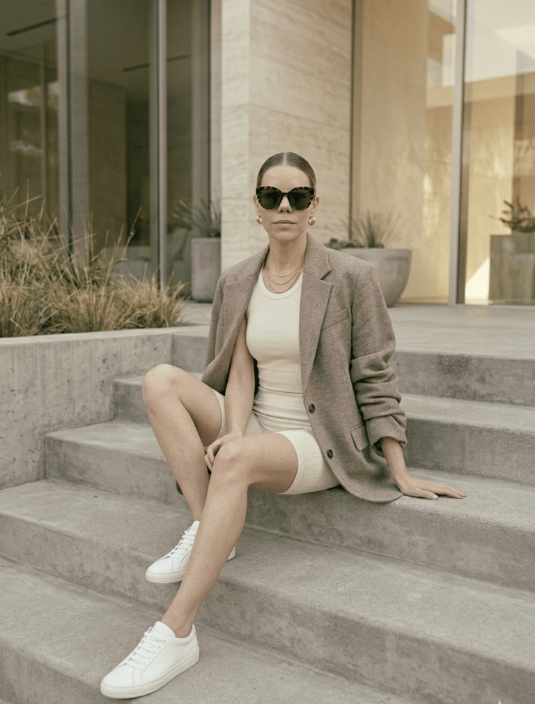 Neutral sneakers paired with monochrome athleisure outfit and oversized blazer