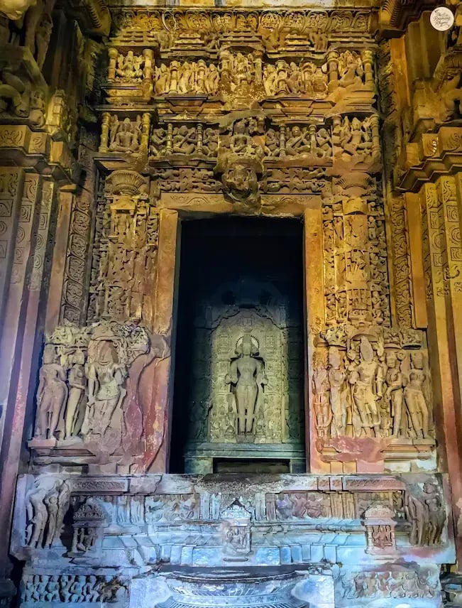 Intricate stone carvings inside the sanctum of Lakshmana Temple, Khajuraho, Madhya Pradesh