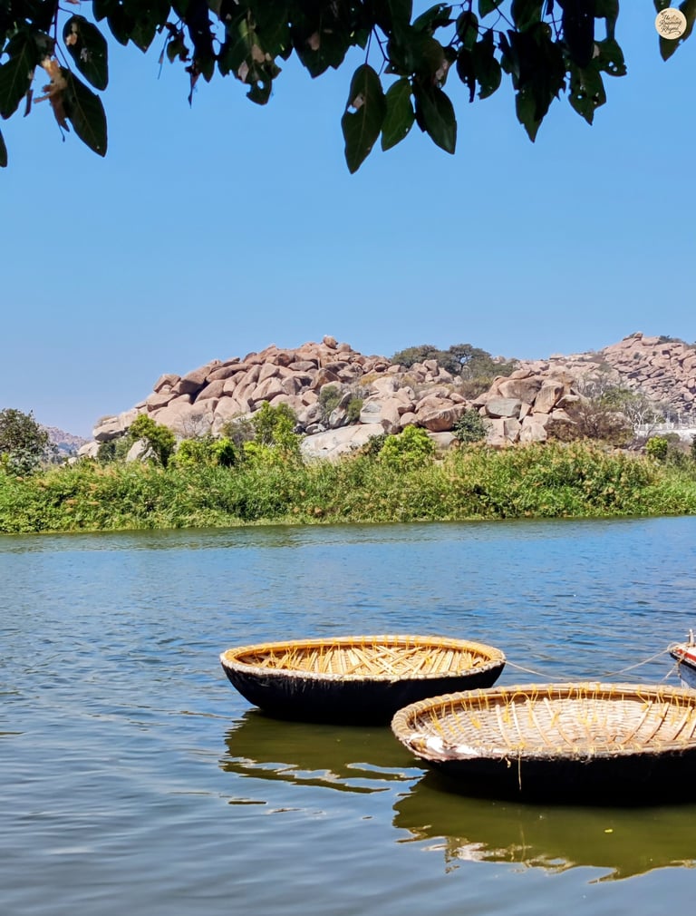 Coracles at Sanapur Lake—Hampi’s heritage floating on ripples of time.