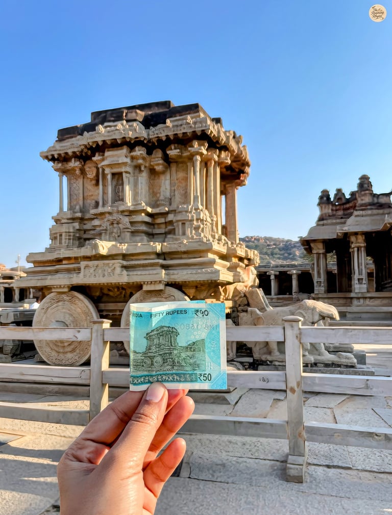Holding history in hand—Hampi’s Stone Chariot meets its ₹50 tribute in a timeless frame.