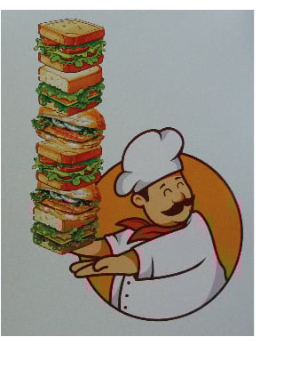 Clever artwork showing a chef with numerous sandwiches. Image is also on our sign near the street,