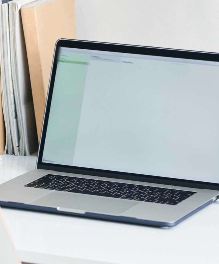 Laptop on a white desk, with houseplants and notebooks around