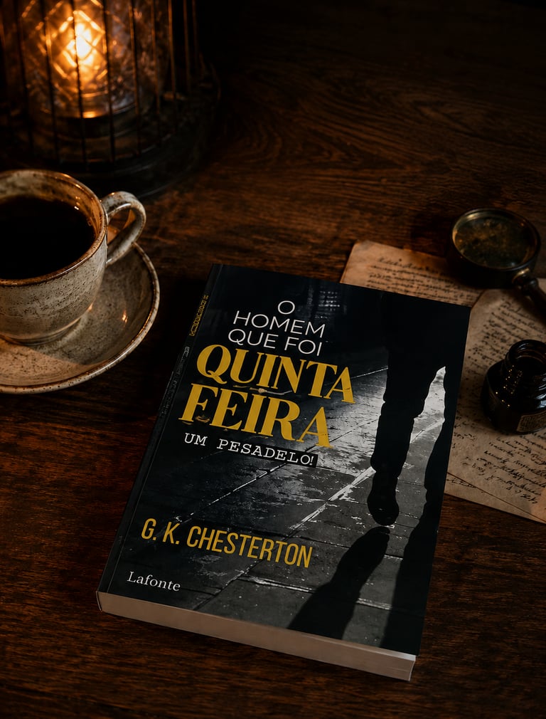 G.K. Chesterton's book O Homem Que Foi Quinta-Feira on a wooden table with coffee and a lamp.