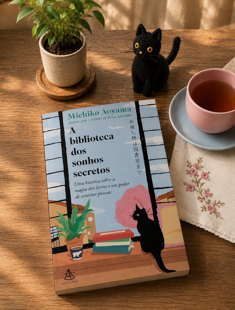 A Biblioteca dos Sonhos Secretos book by Michiko Aoyama on a wooden table with a black cat figurine and tea.