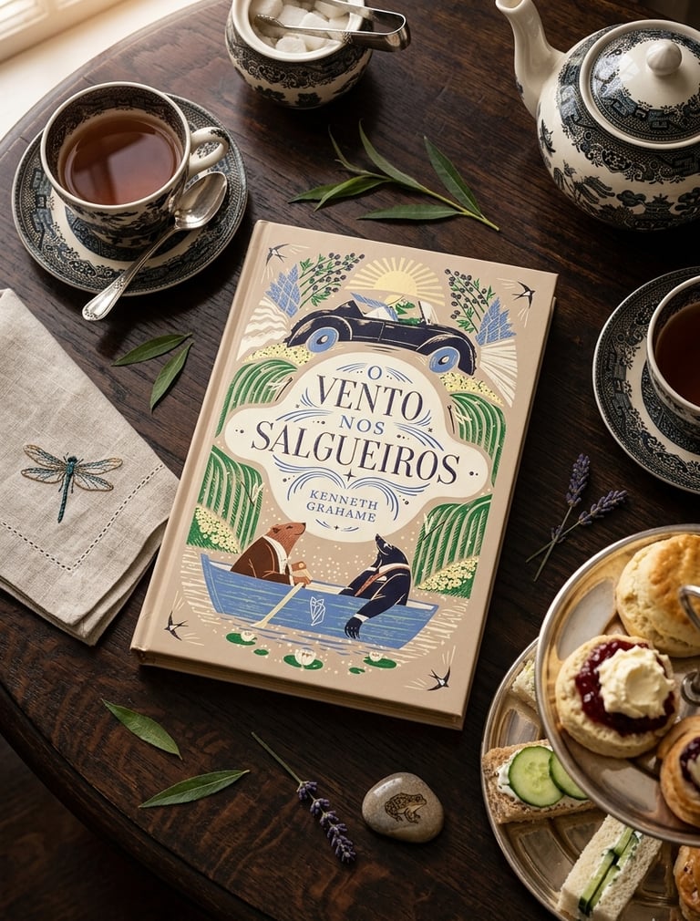 The Wind in the Willows book on a wooden table with vintage tea set, scones, and finger sandwiches.