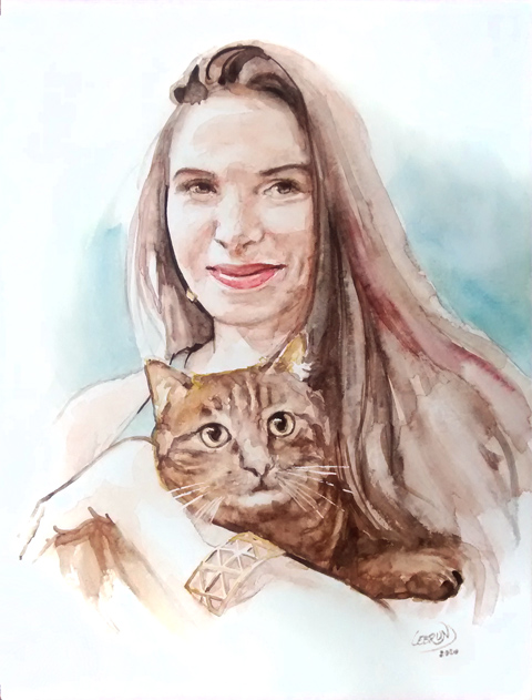 Portrait à l'aquarelle d'une femme souriante aux longs cheveux bruns tenant un chat tigré.